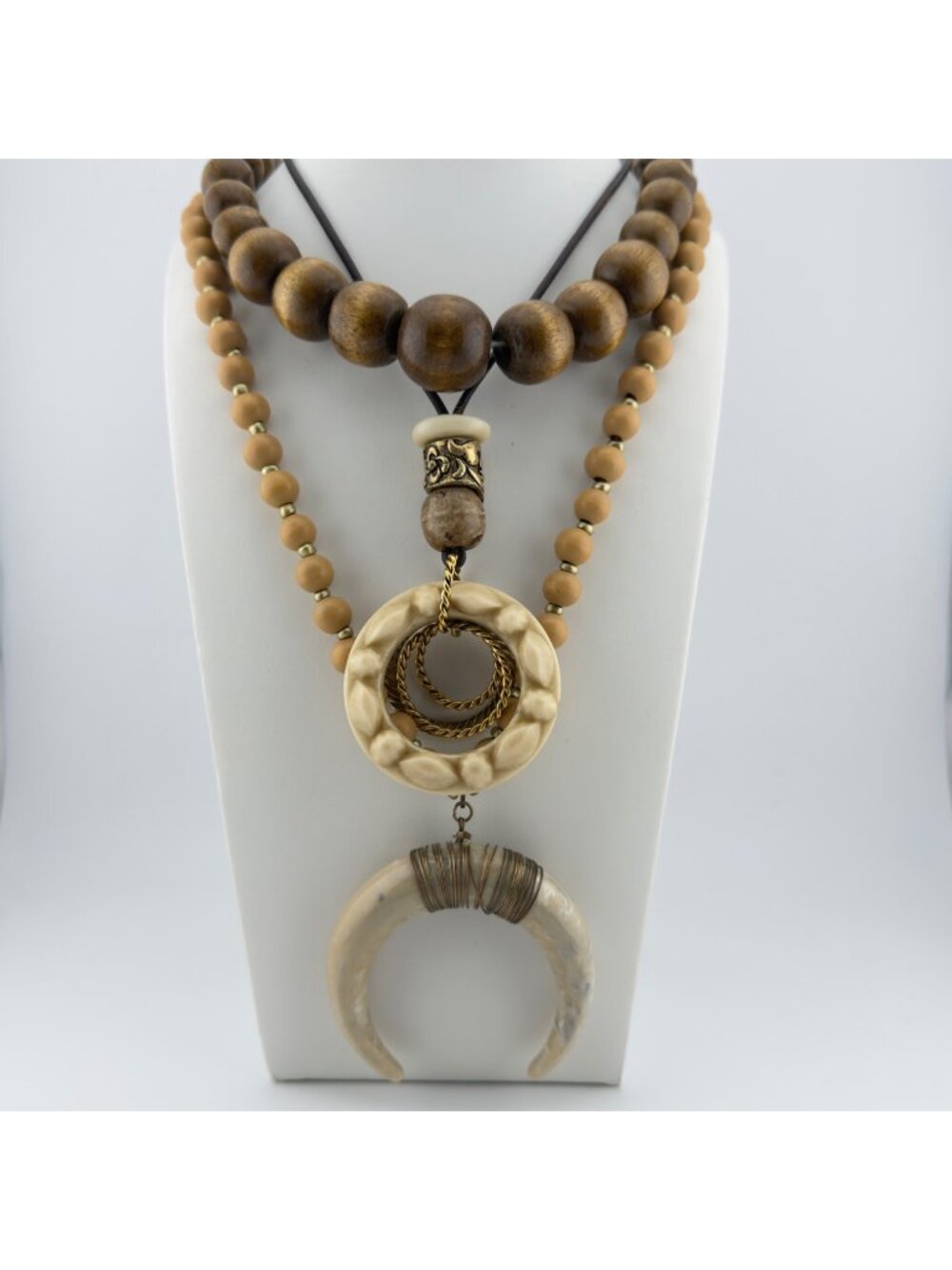 Tribal Long Beaded Statement Necklace Set of 3 Wood Acrylic Festival Boho